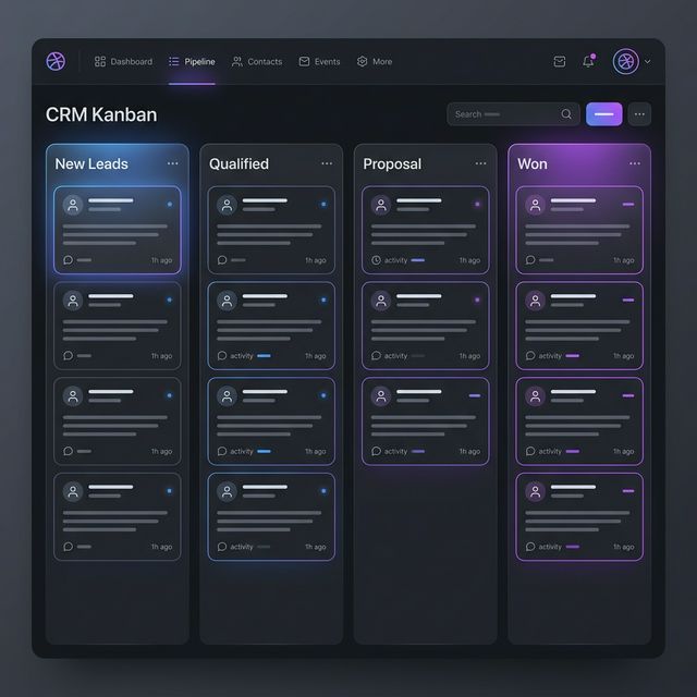 Interface de CRM Kanban do DmChat